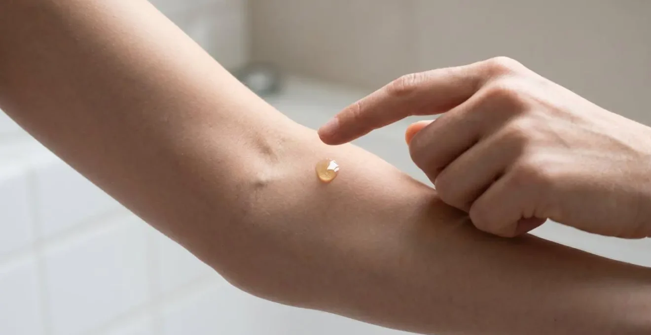 Application d'une petite quantité d'huile sur le pli du coude pour test de tolérance cutanée, geste de précaution santé