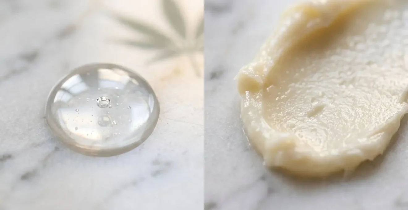 Contraste entre textures de cosmétiques CBD : sérum fluide et baume onctueux