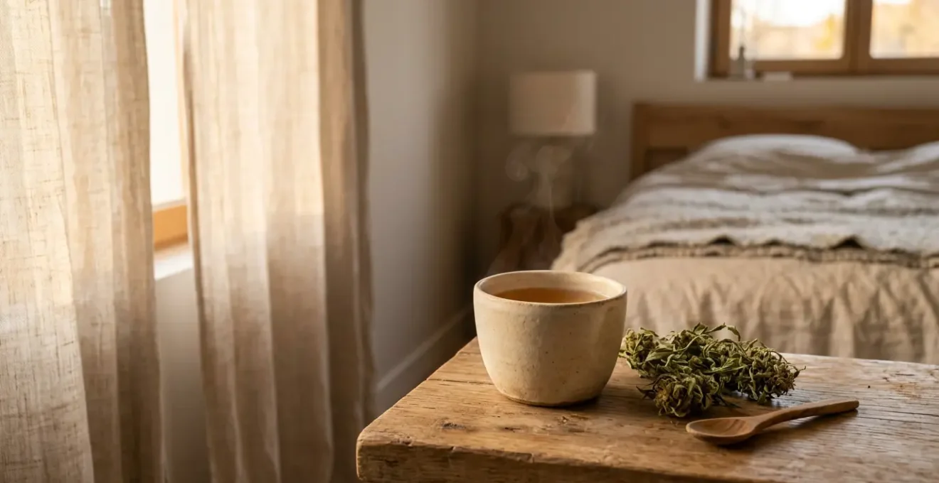 Tisane relaxante aux fleurs de CBD fumant doucement dans une tasse en céramique artisanale