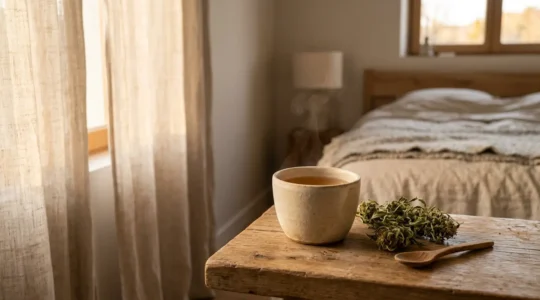Tisane relaxante aux fleurs de CBD fumant doucement dans une tasse en céramique artisanale