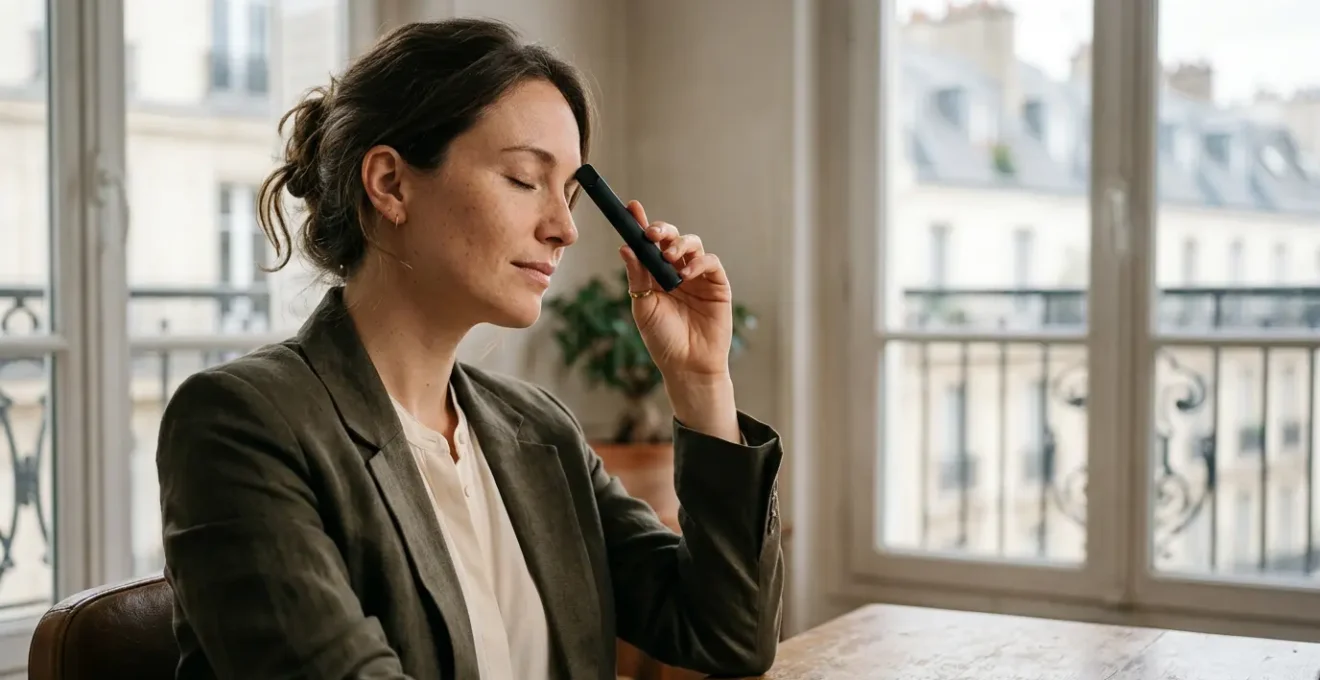 Personne utilisant discrètement une vape CBD dans un environnement urbain français apaisant