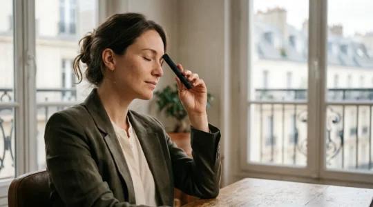 Personne utilisant discrètement une vape CBD dans un environnement urbain français apaisant