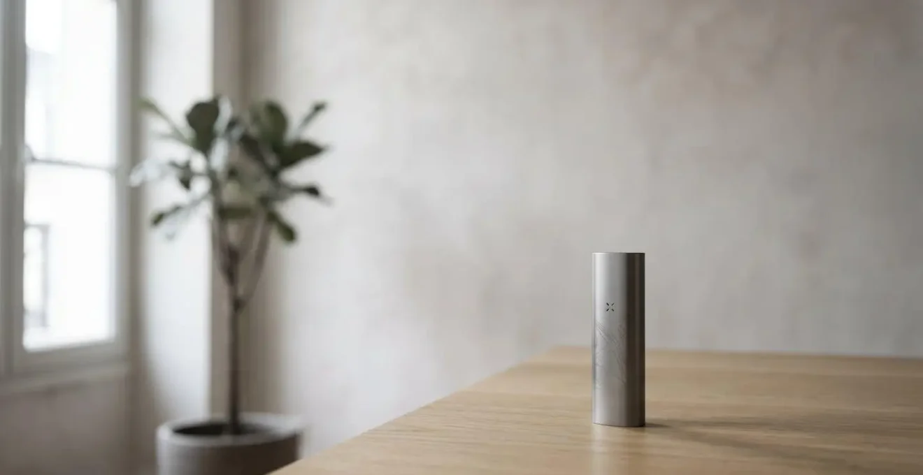 Vue environnementale d'un vaporisateur élégant posé sur une surface minimaliste dans un espace calme et épuré