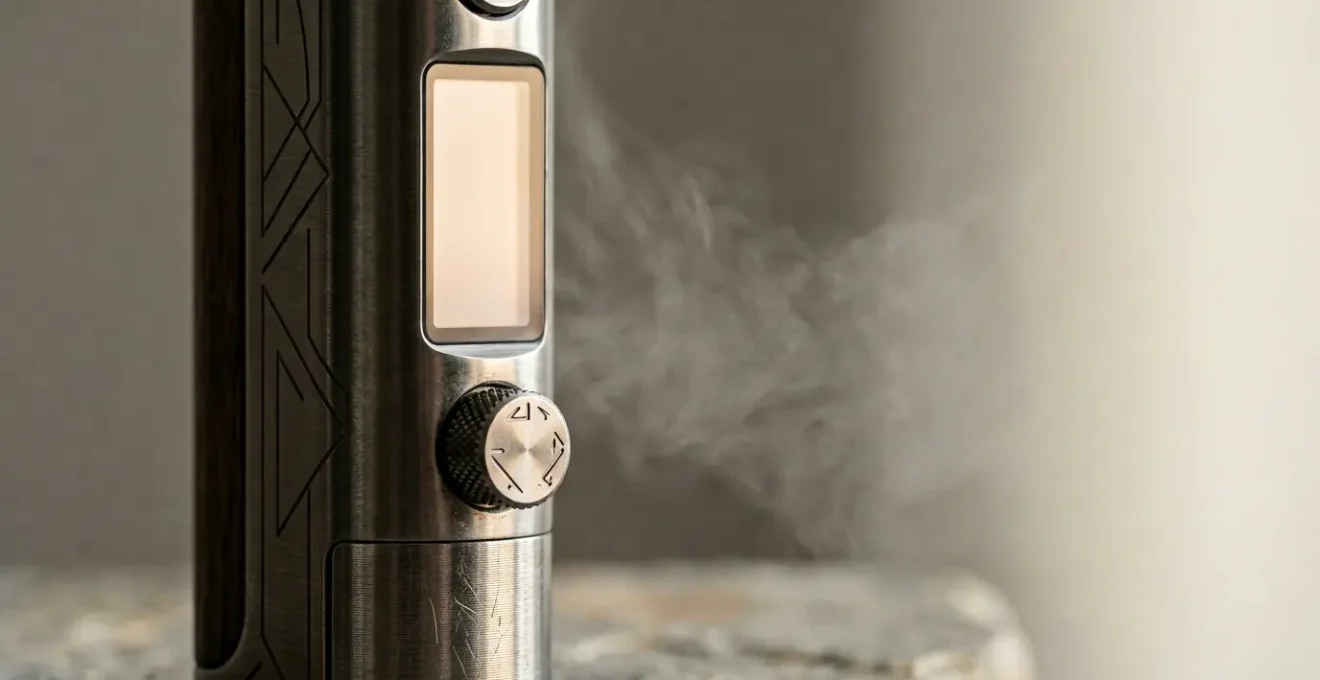 Vaporisateur moderne de CBD avec contrôle de température précis, photographié en gros plan sur fond épuré