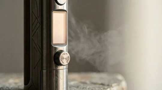 Vaporisateur moderne de CBD avec contrôle de température précis, photographié en gros plan sur fond épuré