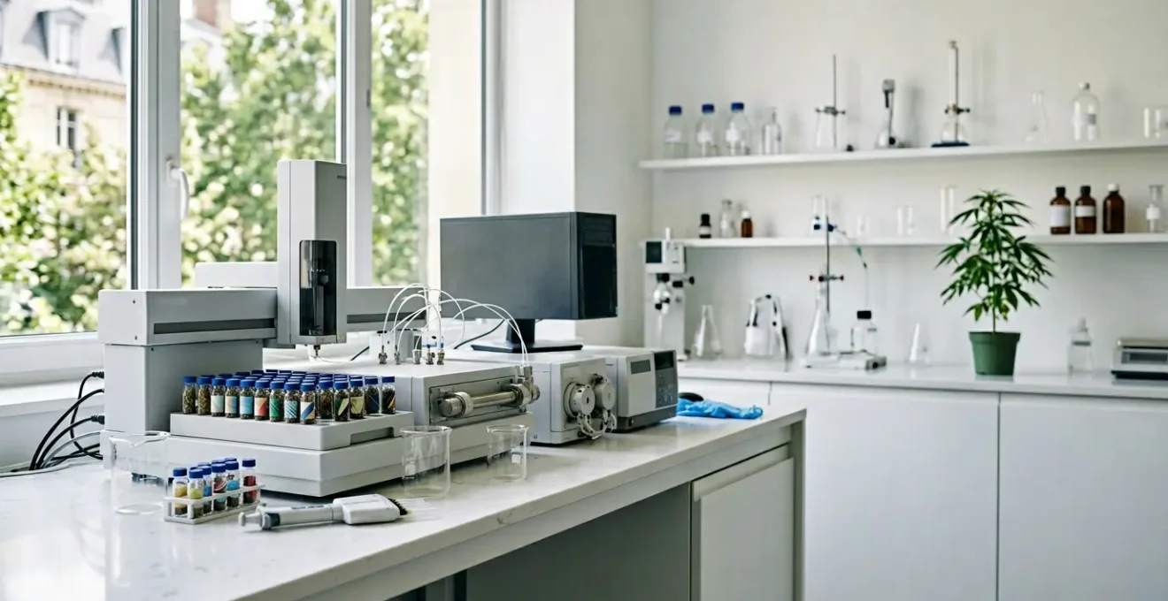 Laboratoire scientifique analysant des produits CBD avec des instruments de chromatographie pour vérifier la conformité légale du taux de THC en France