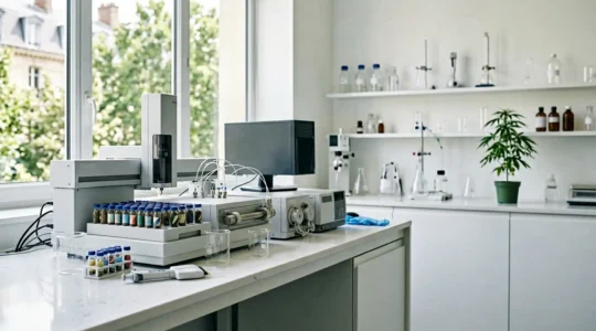Laboratoire scientifique analysant des produits CBD avec des instruments de chromatographie pour vérifier la conformité légale du taux de THC en France
